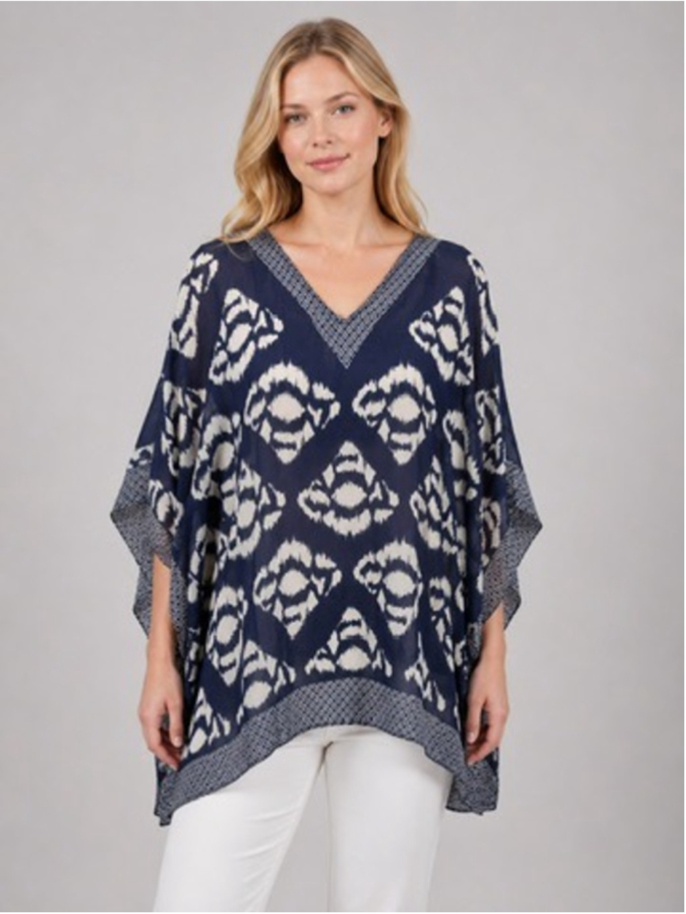 Talbots 100% Silk Ikat Poncho Blouse Kimono Scarf Top Blue Sheer Size X - 1X